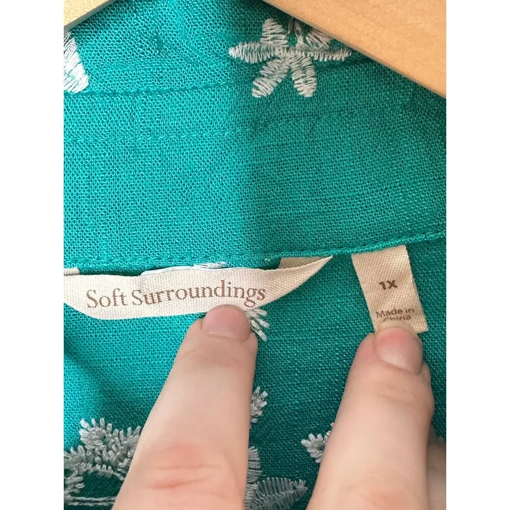 SOFT SURROUNDINGS Isla Verde Linen Blend Embroidered Shirt Teal Sz 1X {T42} - Picture 4 of 5